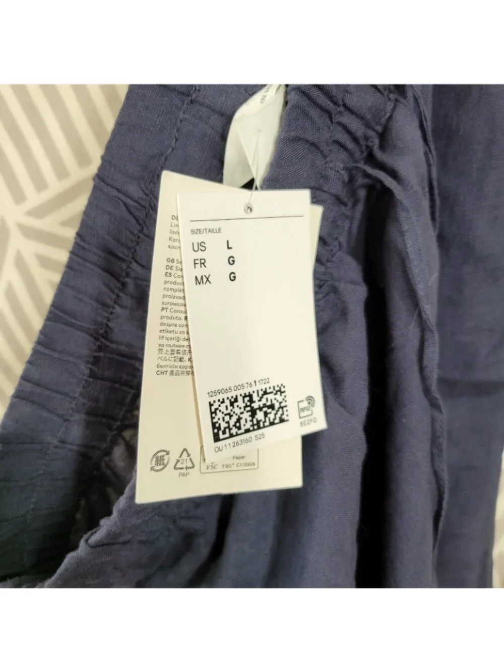 NEW H&M Blue Linen Wide-Leg Pants Large Drawstring Elastic Waist Navy Pull On